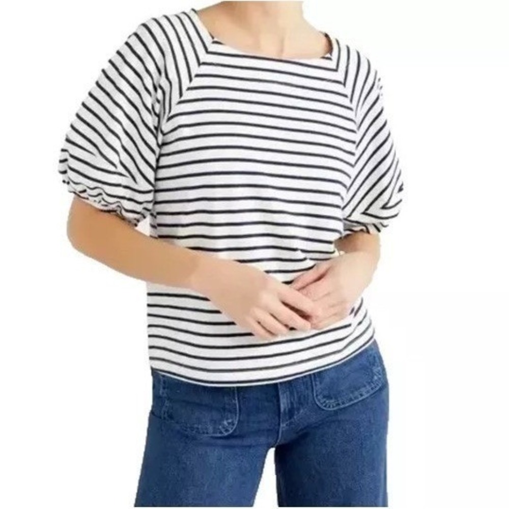 ✨Free Assembly Square Neck Top Women White Black Stripes Short Balloon Sleeve  S